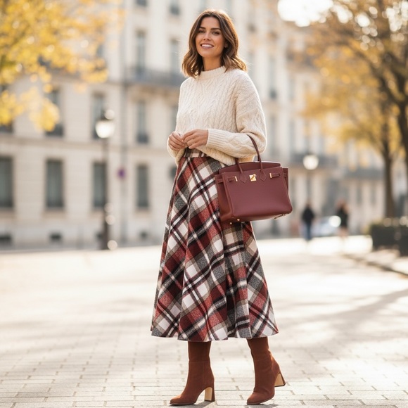 Womens Long Wool Plaid Tartan Aline High Waisted Winter Skirt Small Wine Red - Picture 2 of 11